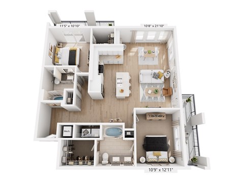 Floor plan for 2 beds, 2 baths, 1281 sqft